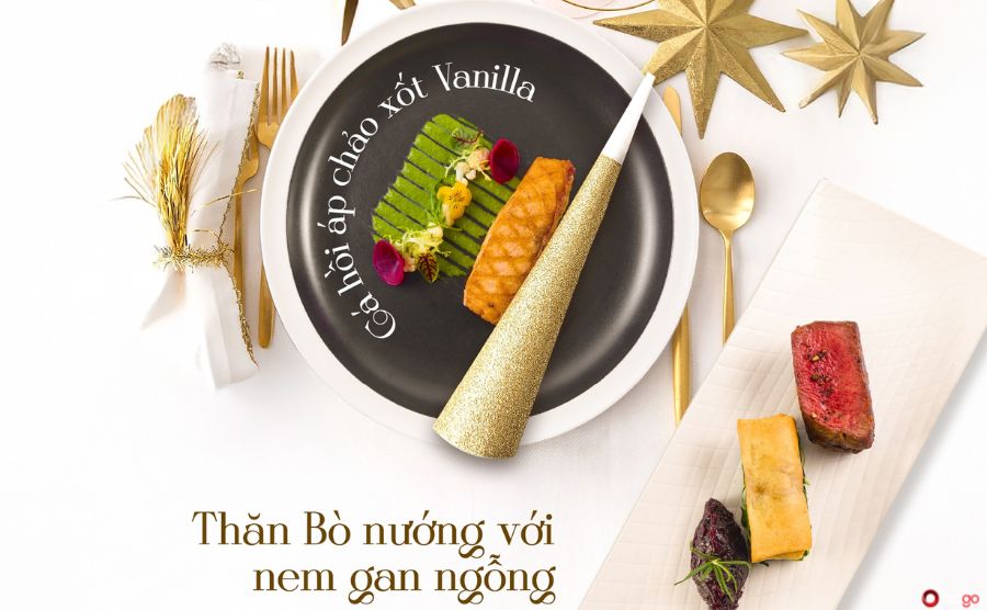 Món Thăn bò nướng Black Angus , cá hồi Nauy áp chảo trong set menu đặc biệt của The Eroica Restaurant