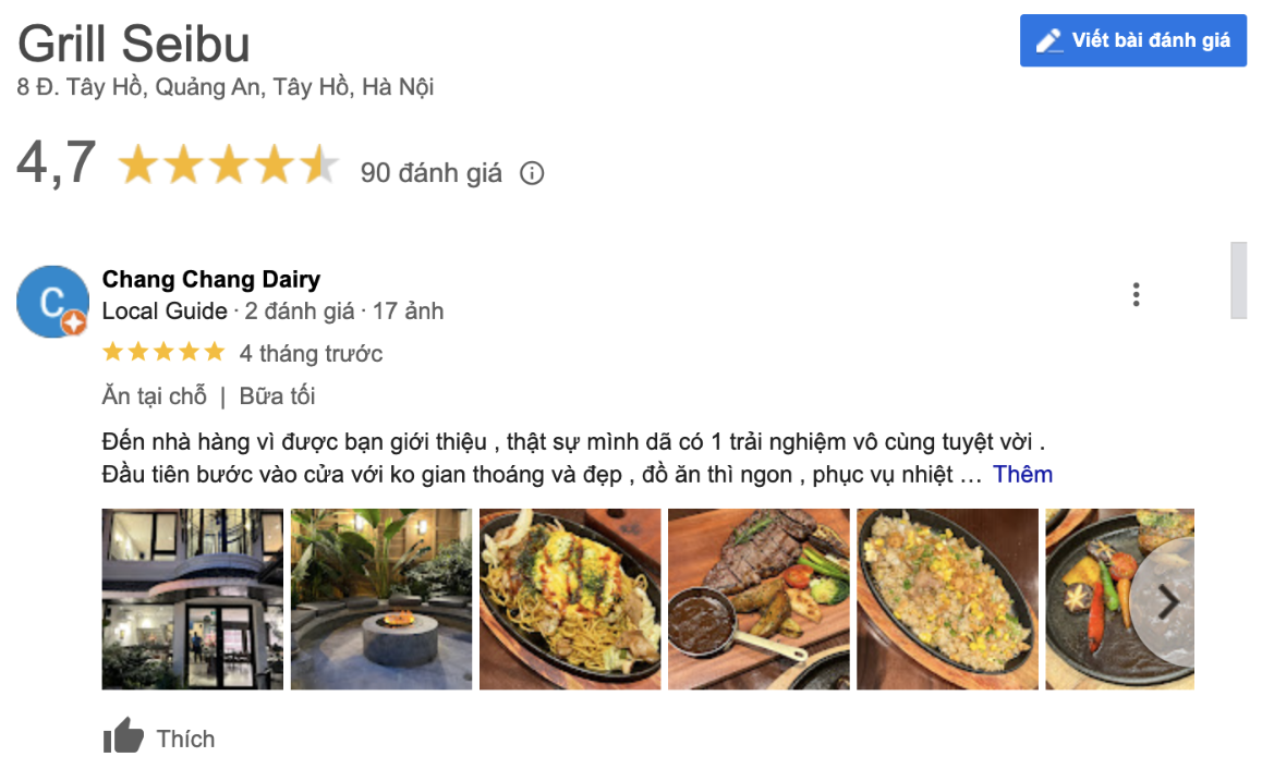 Đánh giá đạt 4.7 sao trên Google của Grill Sebu 